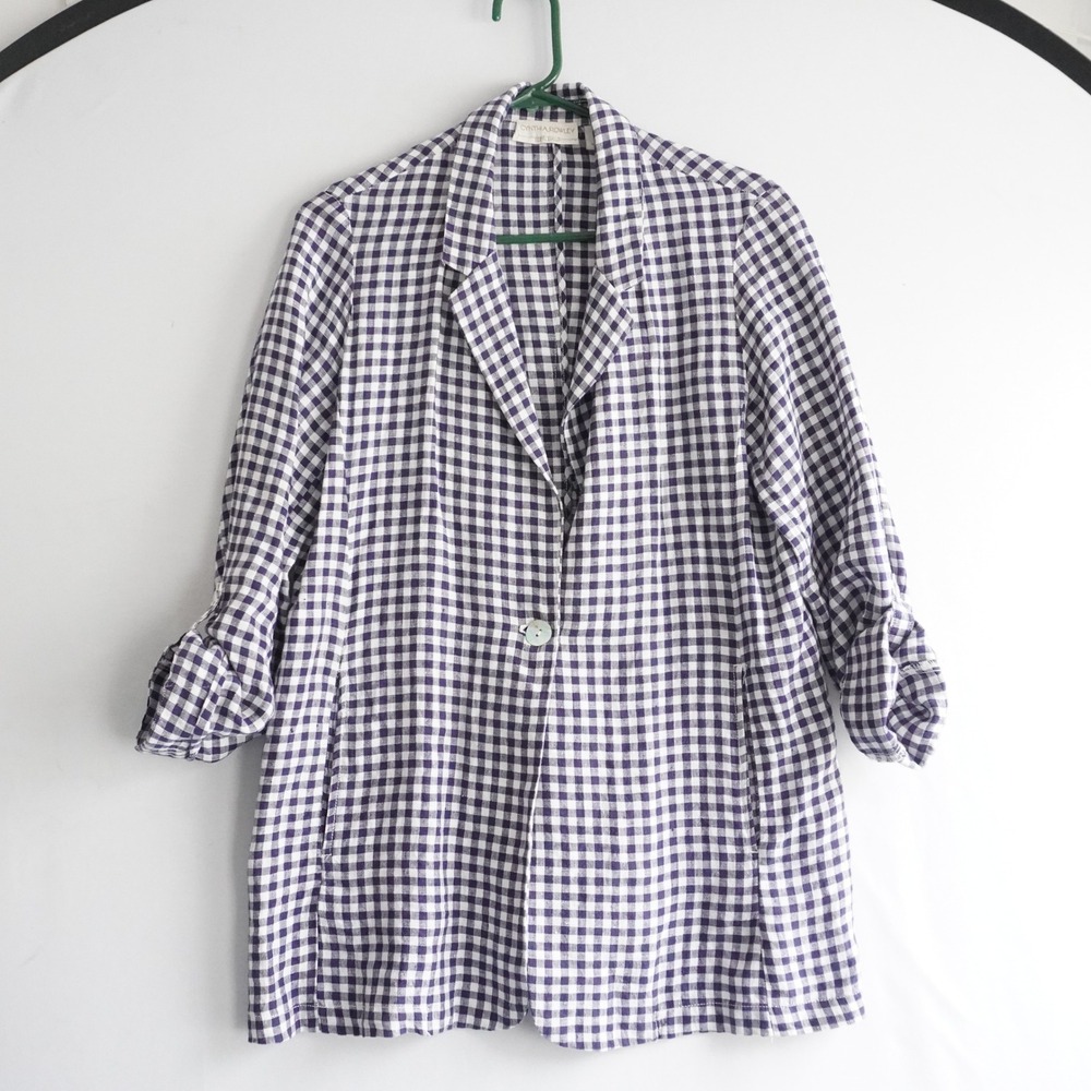 Cynthia Rowley Gingham Blazer Linen Blend Button Front Roll Tab Sleeve M Coastal